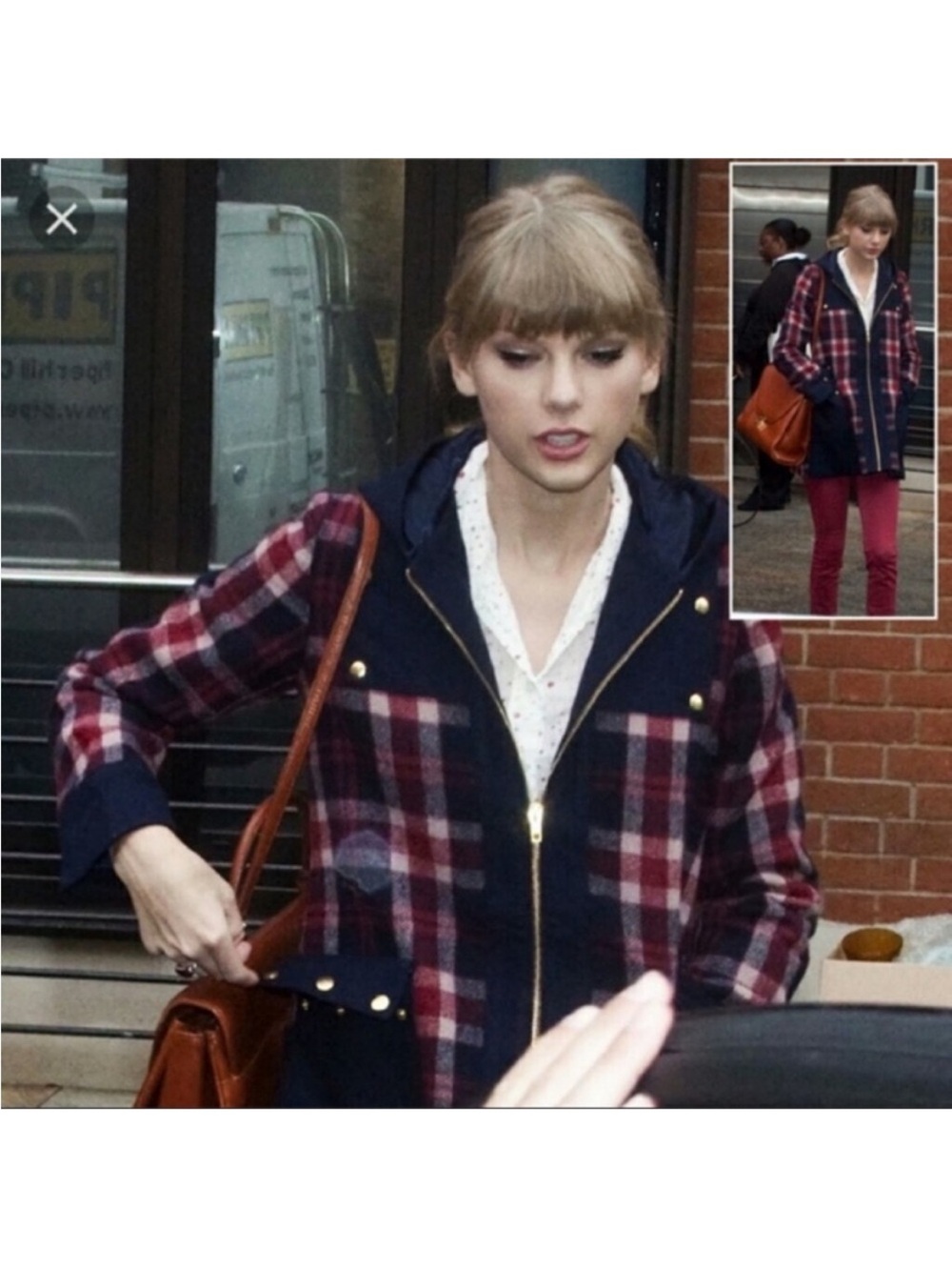 Anthropologie Madchen Riveted Plaid Jacket Wool Navy and Red Hooded Zip Coat